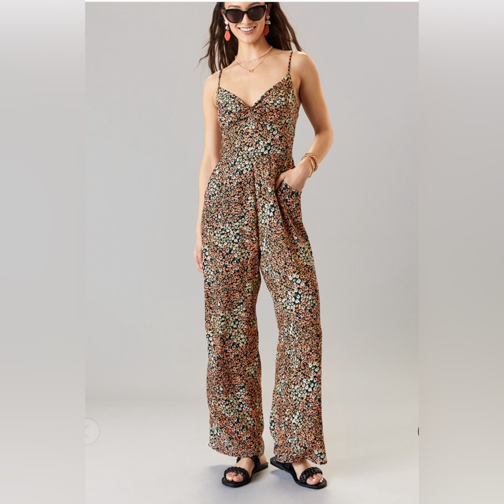 New Francesca’s Bria Ditsy Black And Orange Floral Boho Jumpsuit